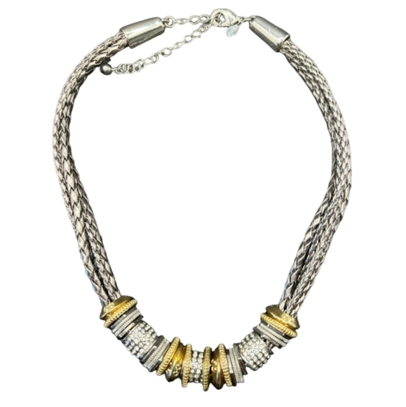 Chico’s Metallic Faux Leather Multi Braids Rhinestone Two Tone Beads Necklace - Picture 1 of 11